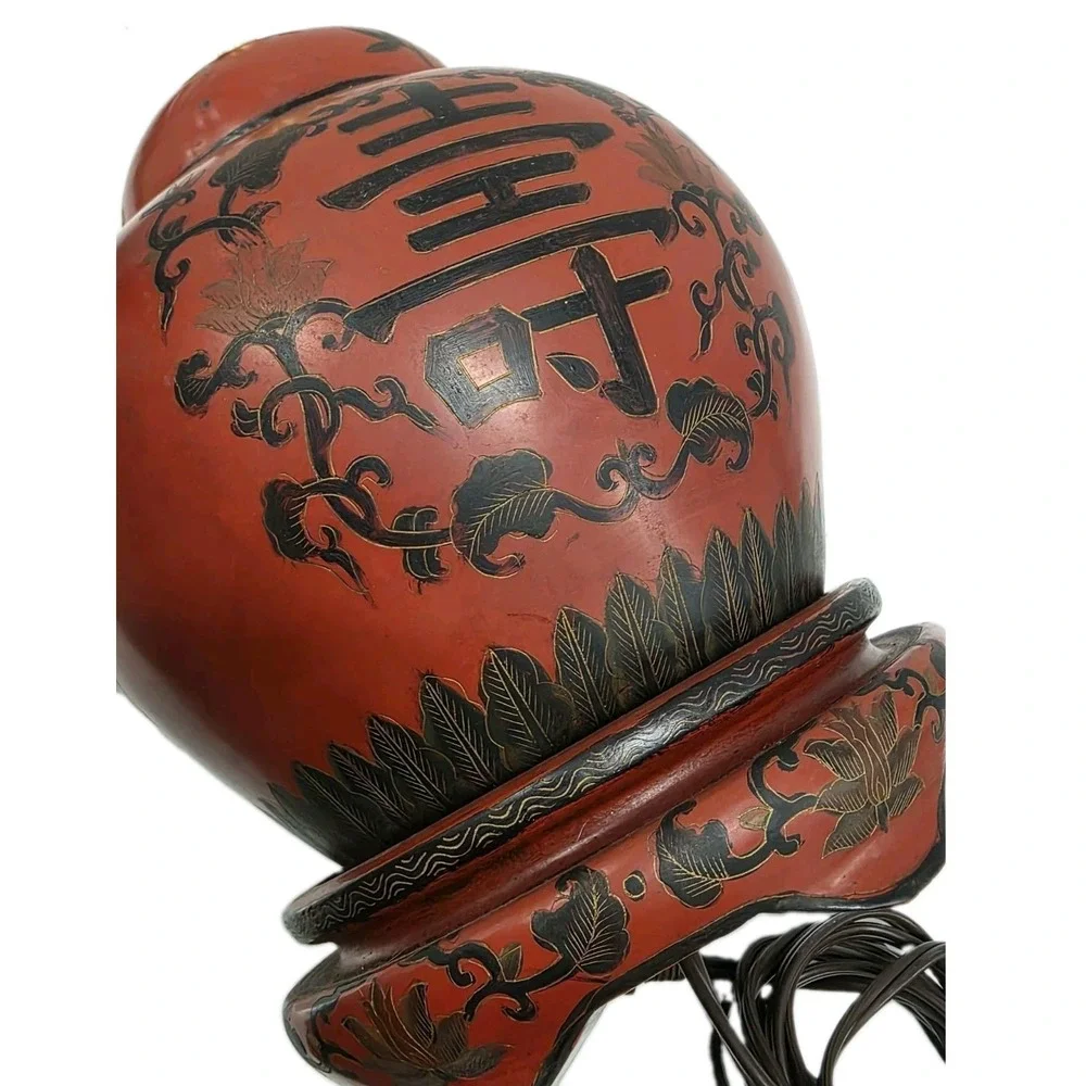 Beautiful‎ Chinese Red Lacquer Jar Table Lamp w Shade and Finial 21